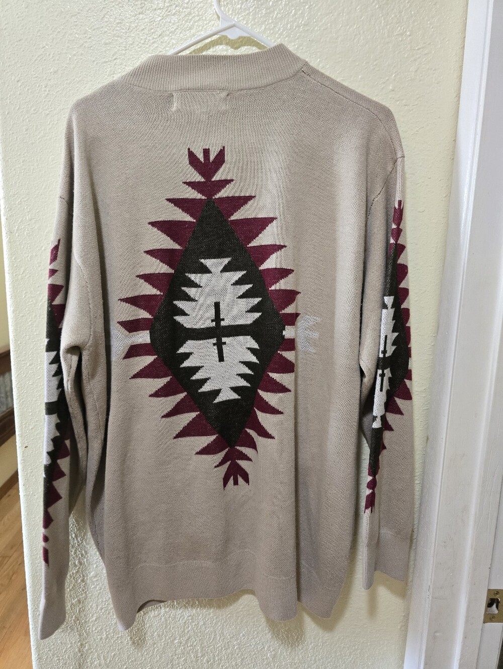 Rowdy Crowd Southwestern Aztec Knit Cardigan in Beige, Burgundy & Black